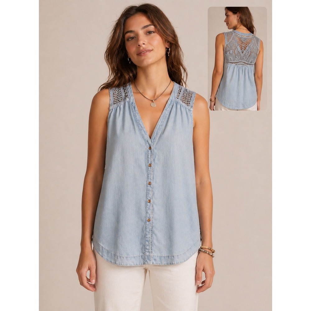 Anthropologie Holding Horses Boho Crochet Lace Button Down Tank Top 4 Chambray